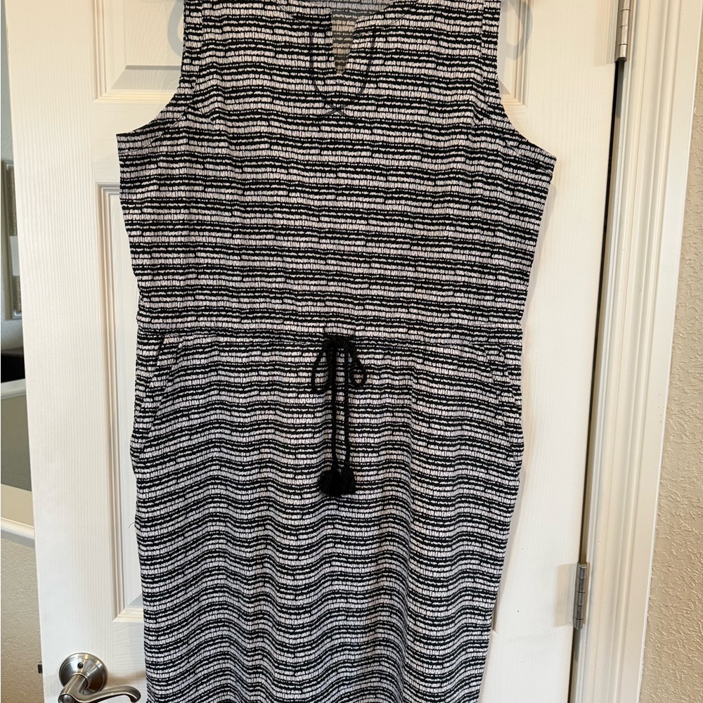 Talbots Black and White Striped Sleeveless Drawstring Dress